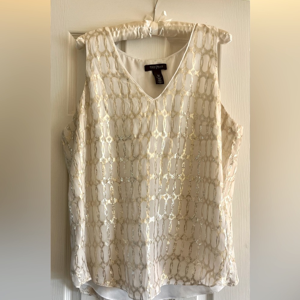 WHBM sheer ivory with gold metallic design has fully lined flyaway back silk XL